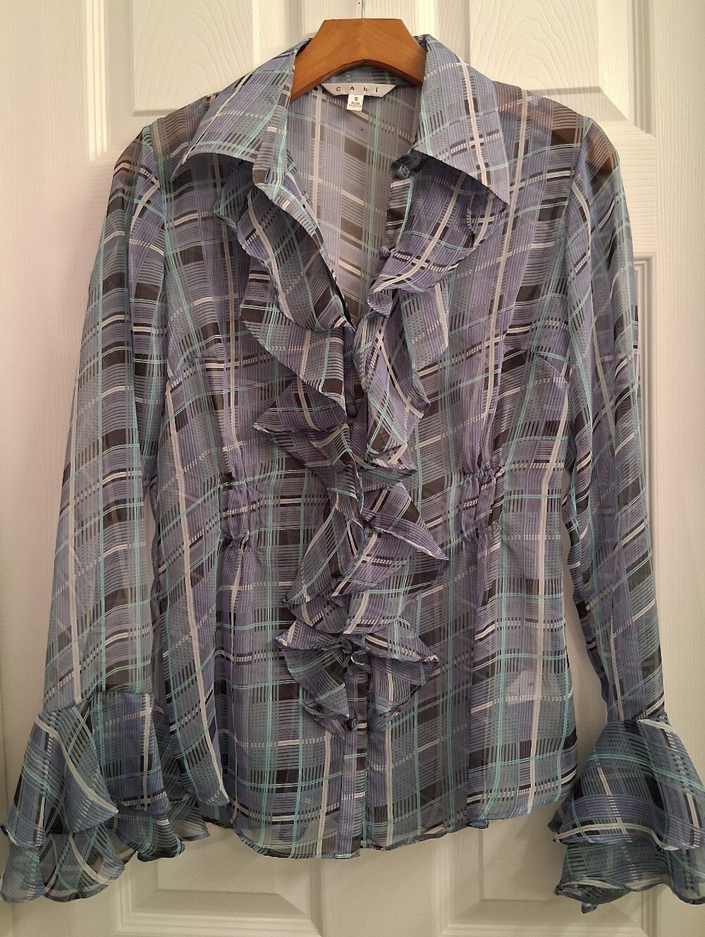 Cabi Sheer Blue Plaid Flowy Blouse Small